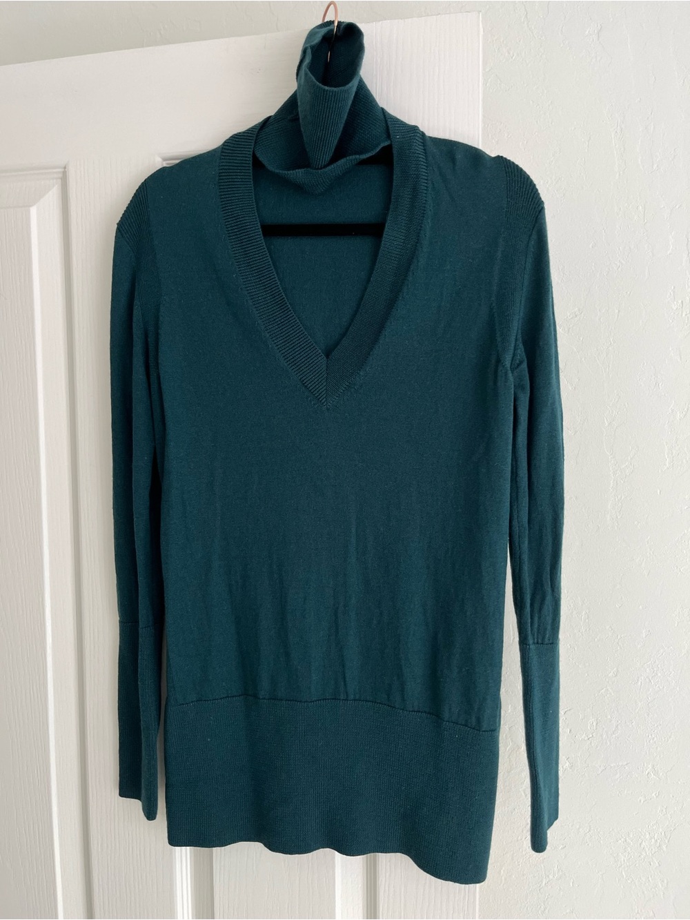 TOME Merino Wool V-Neck Long Sleeve Turtleneck Sweater in Deep Teal